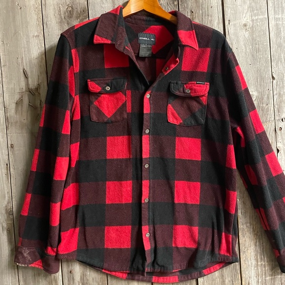 O’NEILL Red Checkered Flannel Shirt with snaps “buttons” - size large - Picture 1 of 11